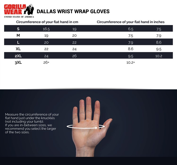 Dallas Wrist Wraps Gloves size chart